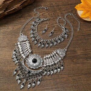 Stylish Three-Piece Set Featuring Multi-Layer Tribal Necklace w Tassel Pendants